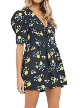 FREE PEOPLE Adelle Navy yellow floral puff sleeve mini dress